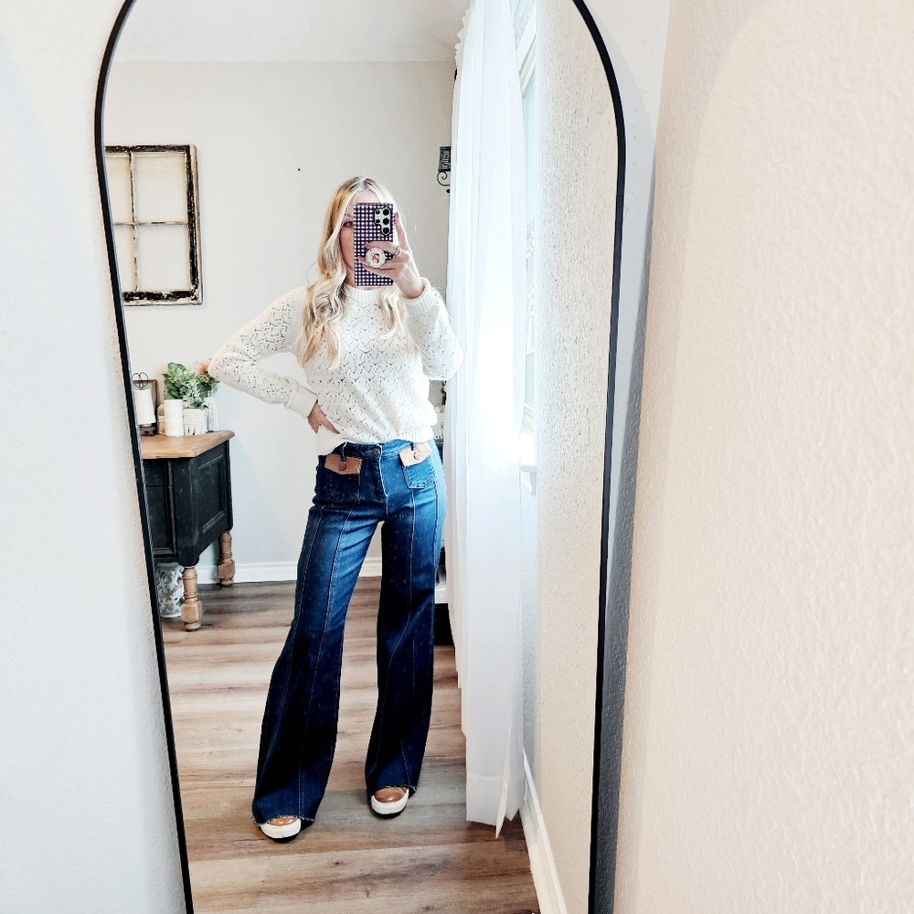 RISEN HR Dark Wide Flare Jeans Front Seam Leather Flap Patch Pocket Various NEW - Picture 2 of 13